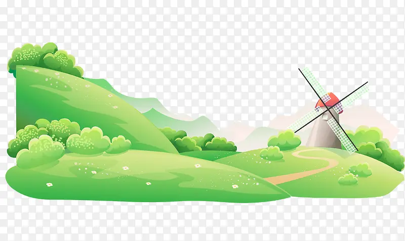 卡通手绘童话绿色草地和风车