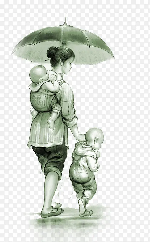 雨中牵着孩子和抱子的妇女