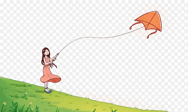 手绘夏日草地放风筝的小女孩插画
