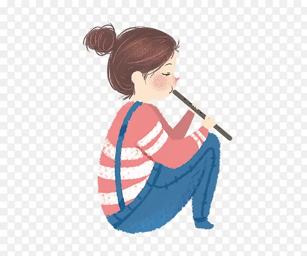 水彩手绘吹笛子的女孩