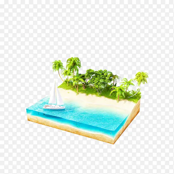 立体帆船椰子树岛屿