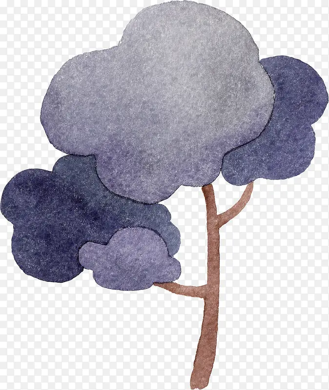 水彩手绘蓝色小树