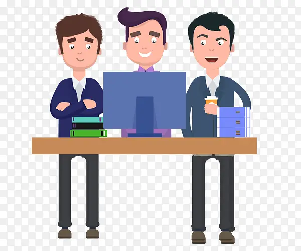 卡通手绘办公的看电脑的三个男人