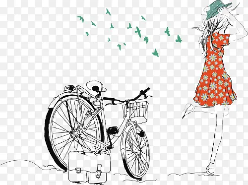 手绘女孩和自行车