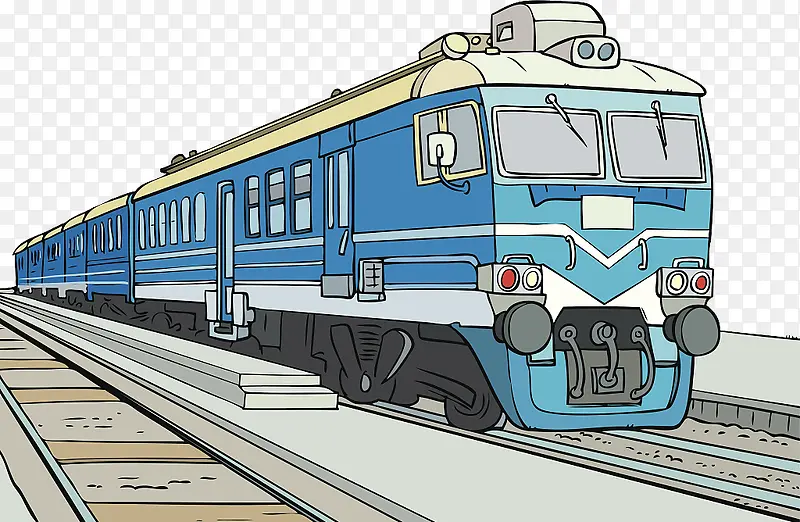 漫画手绘插图蓝色铁皮火车
