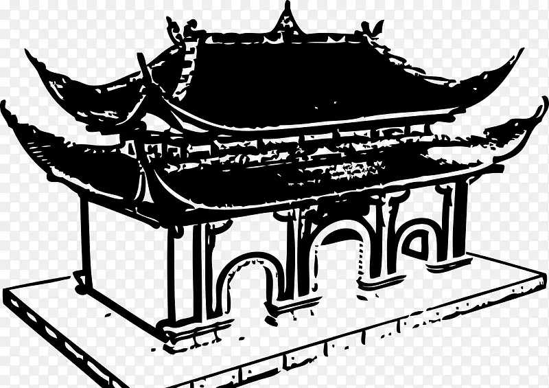 手绘寺庙房屋建筑图