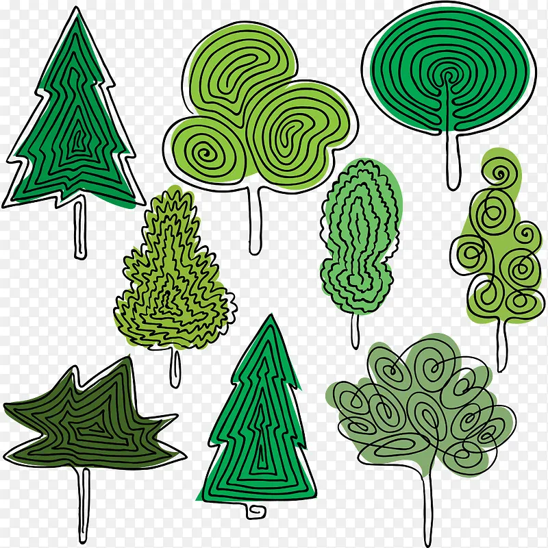 抽象线条手绘绿色树木