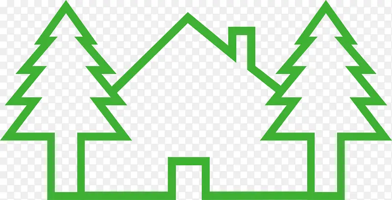 绿色线条房子和树