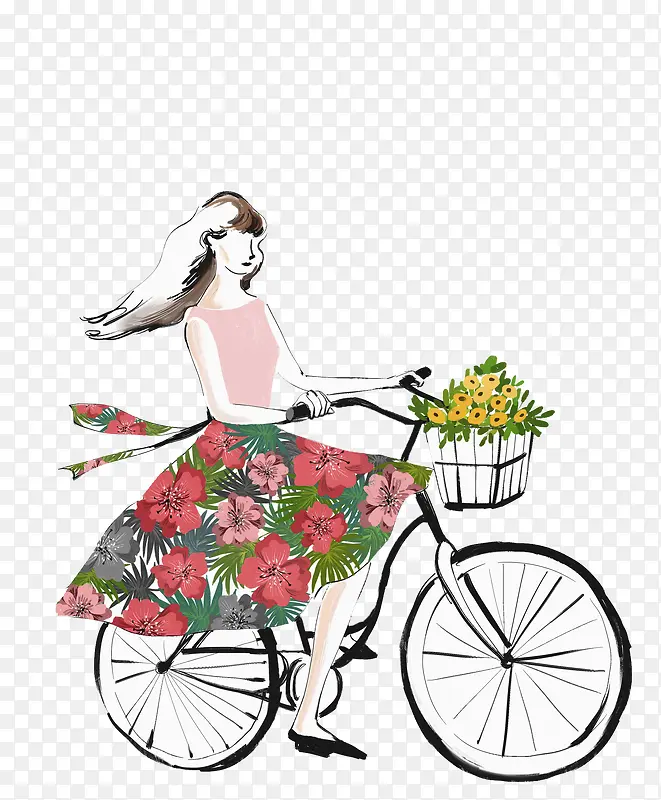 小清新粉色碎花裙骑自行车的女孩