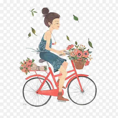 卡通手绘骑着自行车的女孩