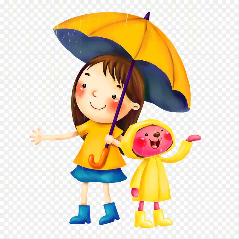 雨伞下的小女孩和小熊