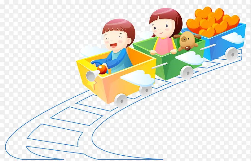 卡通手绘彩色小孩们坐火车轮