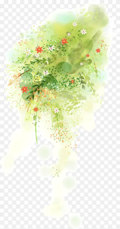 水彩画森林绿树红花