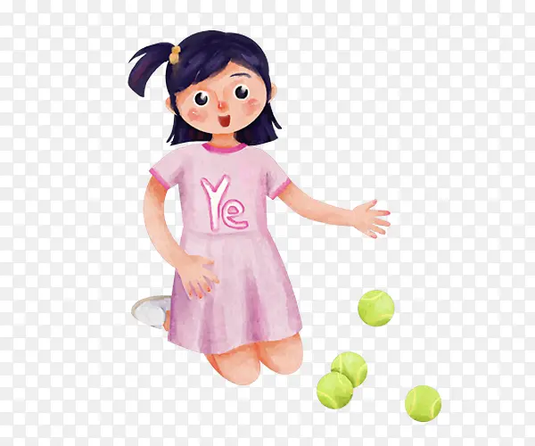 水彩手绘捡网球的女孩