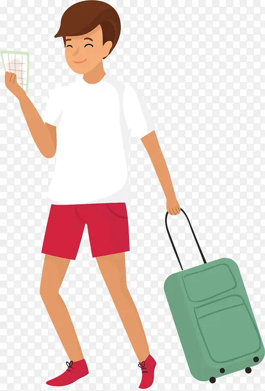 矢量图拉着绿色旅行箱的男人