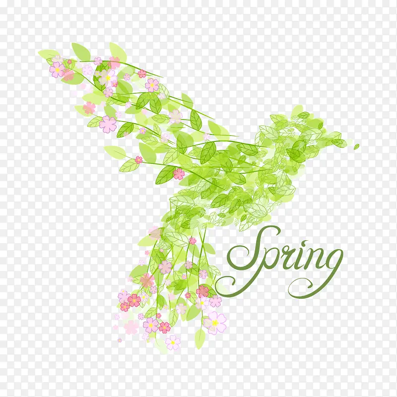 春季花朵和树叶组合的蜂鸟矢量图