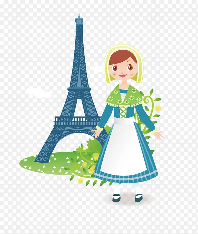 矢量卡通埃菲尔铁塔和巴黎姑娘