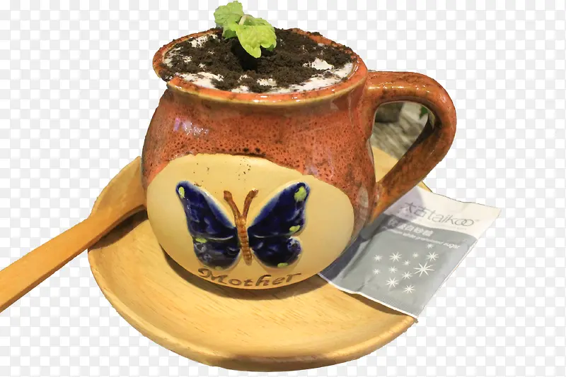 土陶杯子装的盆栽奶茶