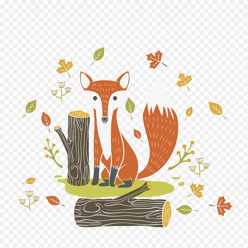 彩绘秋季森林里的狐狸矢量图