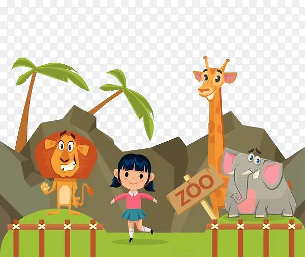 动物乐园里的大象狮子长颈鹿女孩