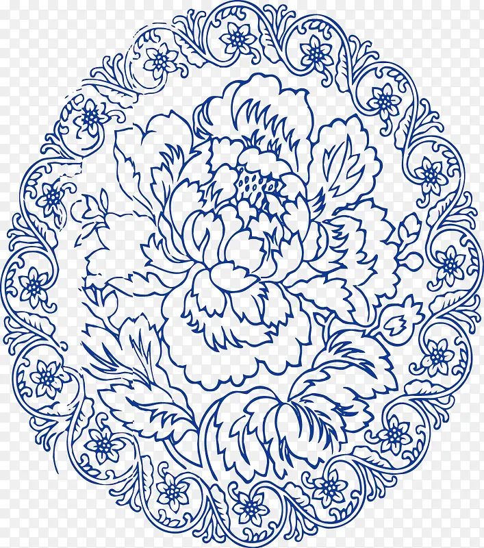 蓝色牡丹花卉花纹图案