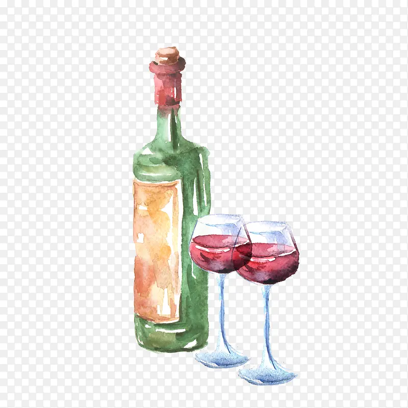 手绘酒瓶和酒杯