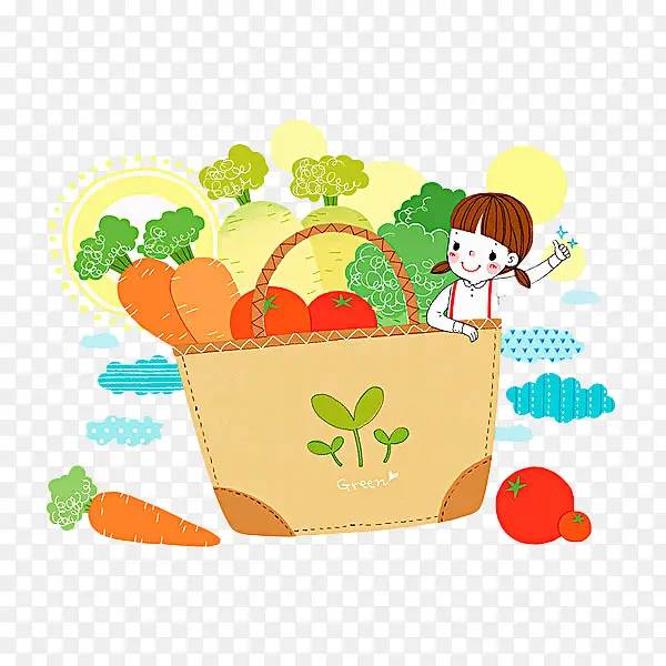 卡通插画女孩和各种蔬菜在篮子里