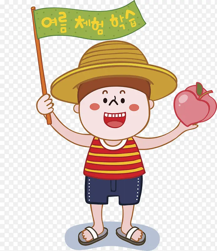 戴草帽举旗的男孩