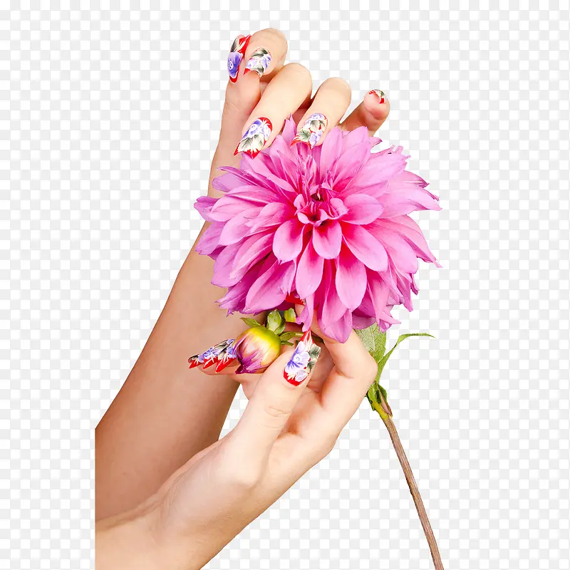 拿着鲜花的美甲手指