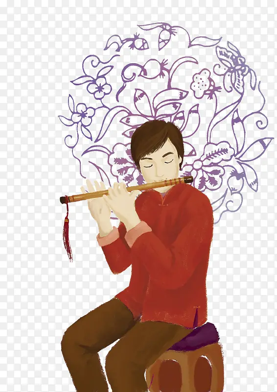 中国水彩插画青年在吹笛子