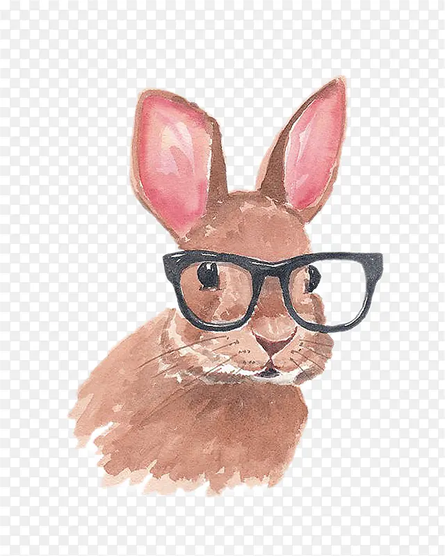 手绘水彩戴眼镜兔子