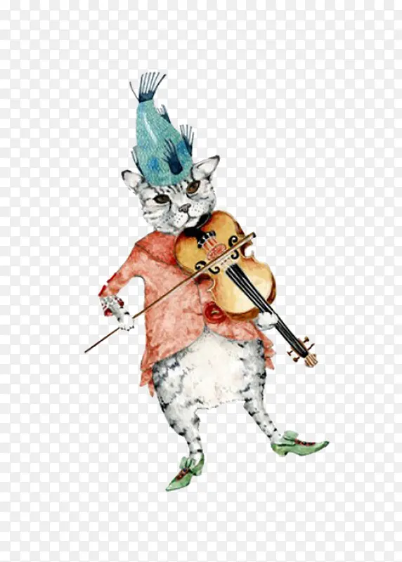 插画拉小提琴的猫咪