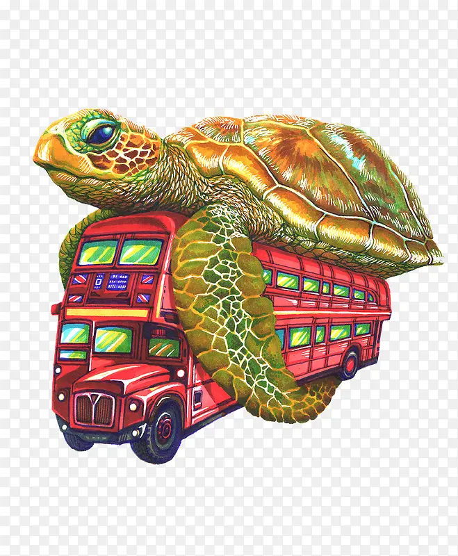 卡通大巴车驮着海龟