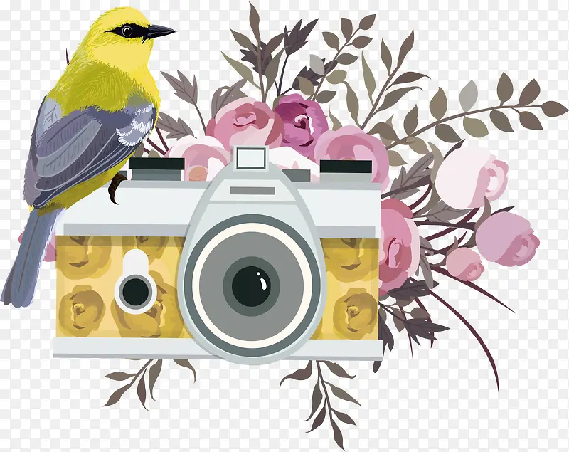 粉玫瑰春天黄色小鸟照相机