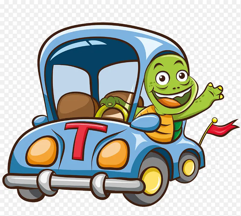 卡通手绘坐着汽车的乌龟