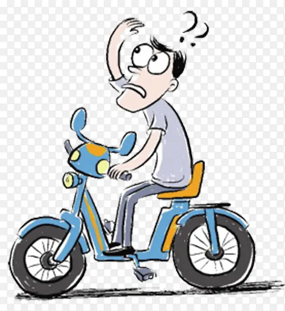 卡通手绘漫画男人骑蓝色电瓶车
