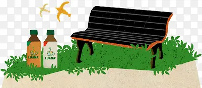 卡通木椅子黄鸟草地漂浮