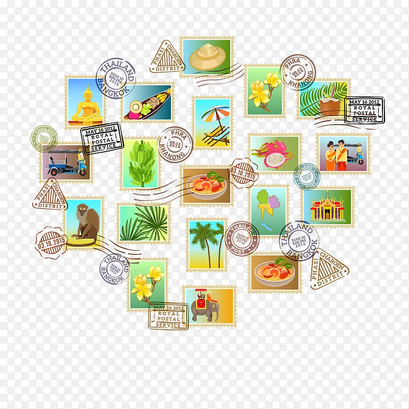 泰国风情旅行邮票矢量图