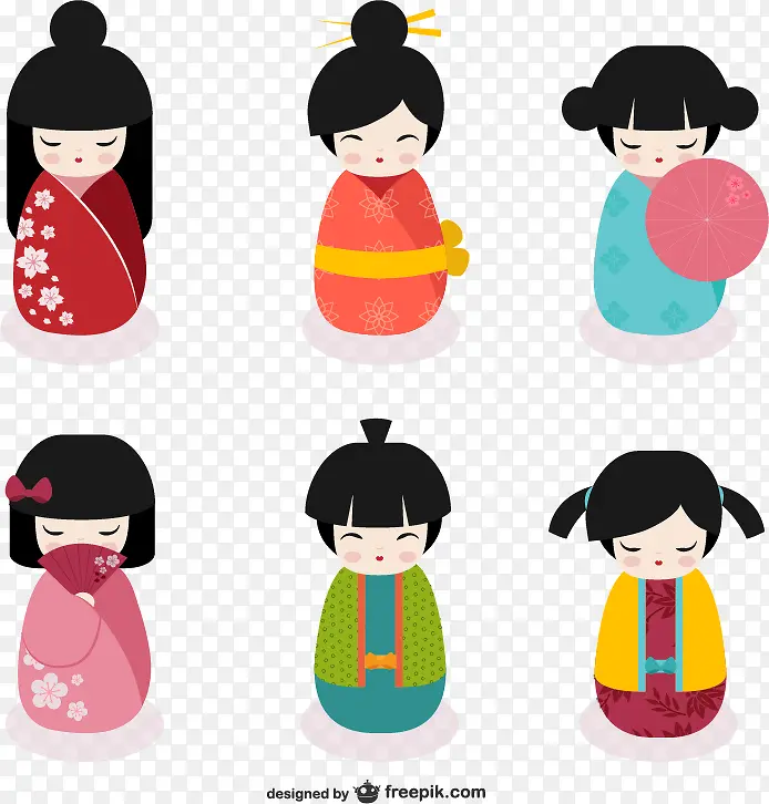 6款可爱日本娃娃设计矢量素材免