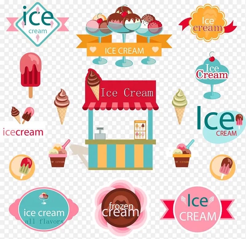 彩色冰淇淋元素标签矢量素材,