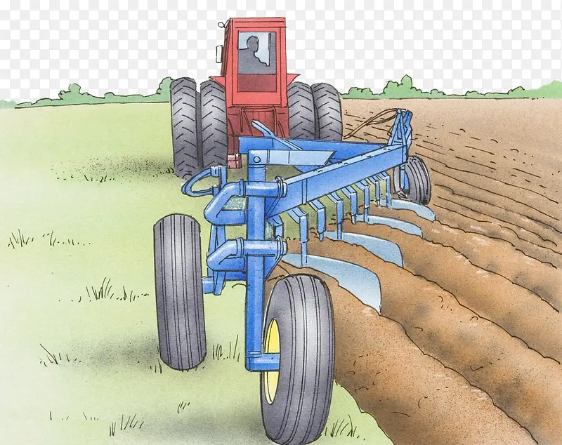 手绘插图机械耕种农田种植