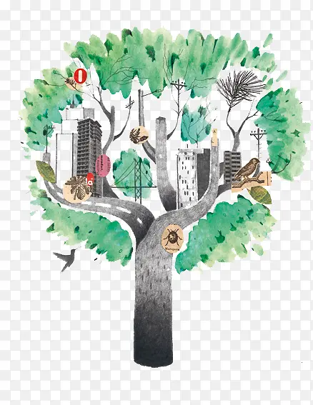 手绘在树上的城市