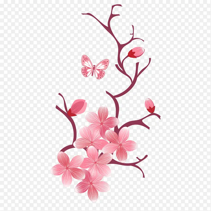 手绘粉色桃花树枝