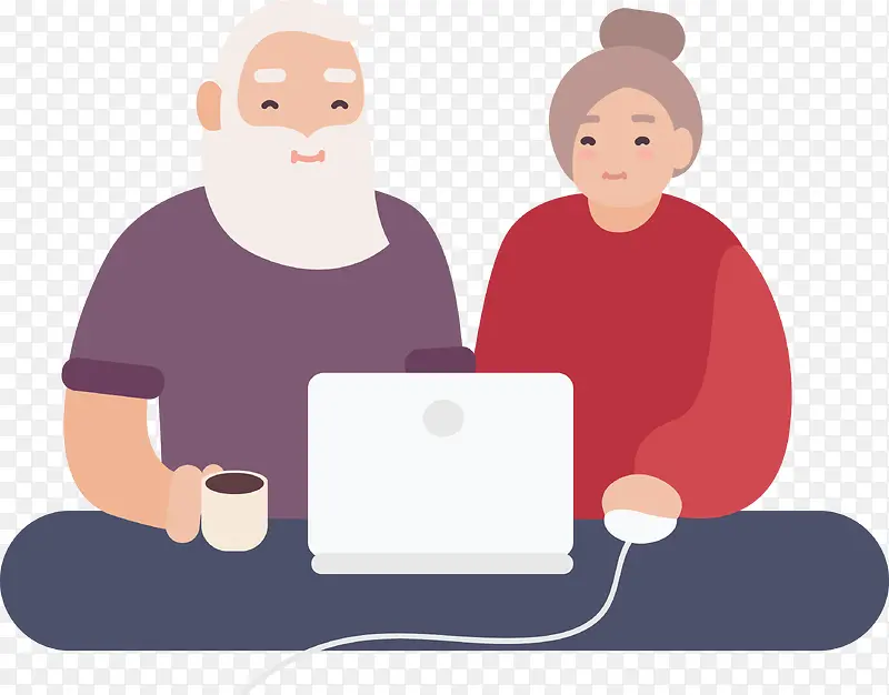 手绘坐在一起玩电脑的夫妻