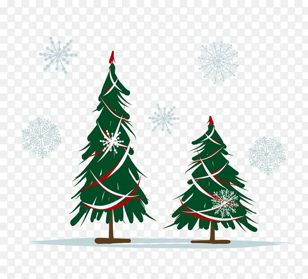 卡通圣诞两棵松树雪花装饰