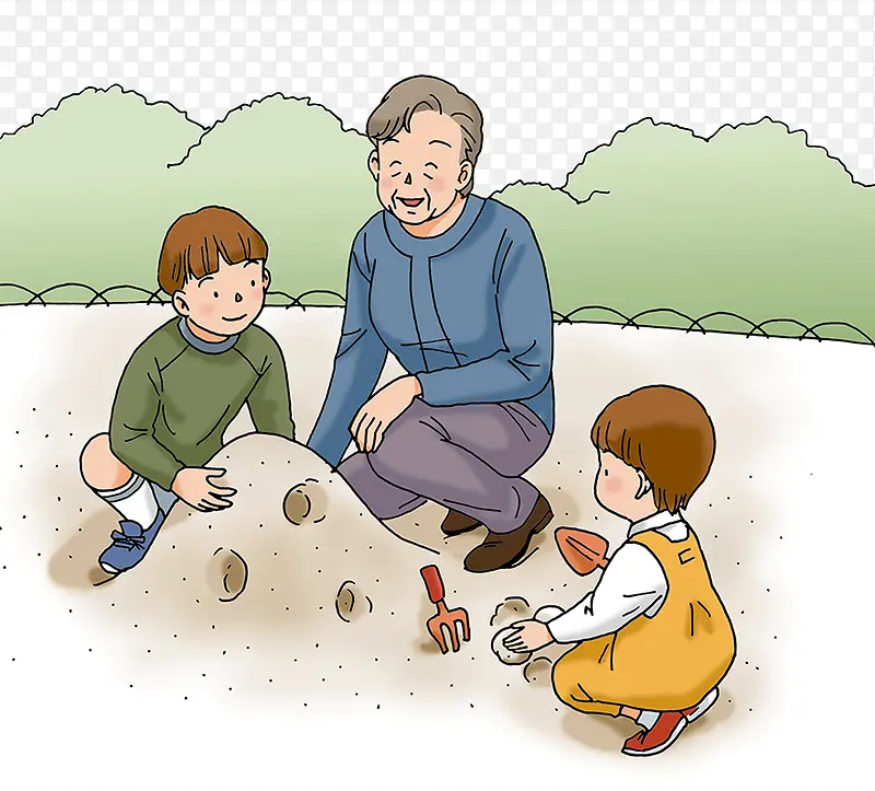 奶奶与孩子一起玩沙子