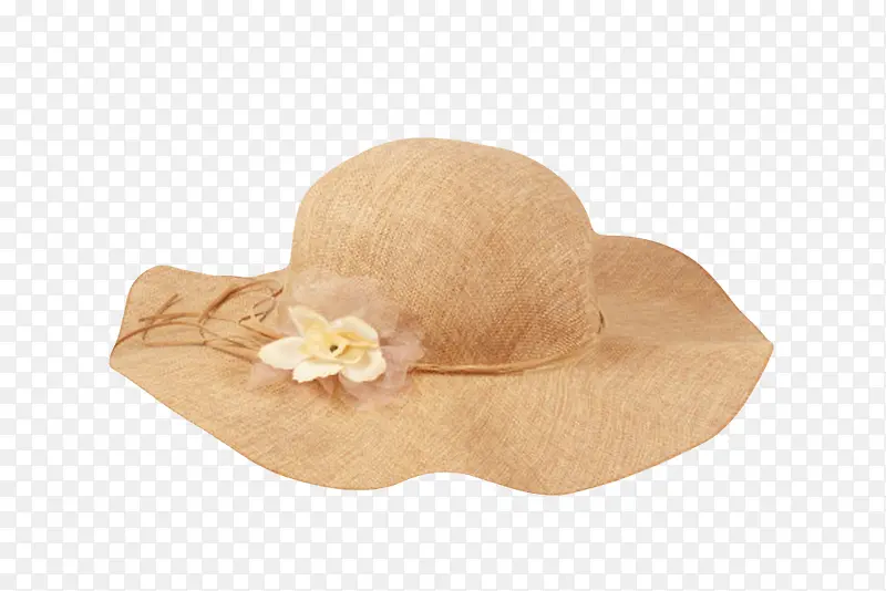 纯棕色防晒白色花朵装饰带草帽女