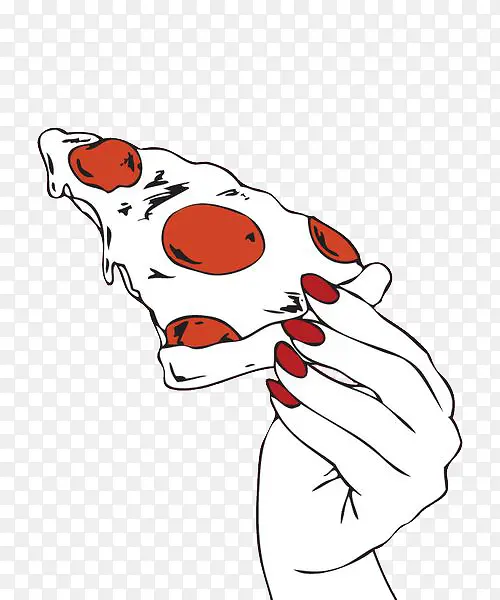红指甲的手拿着披萨