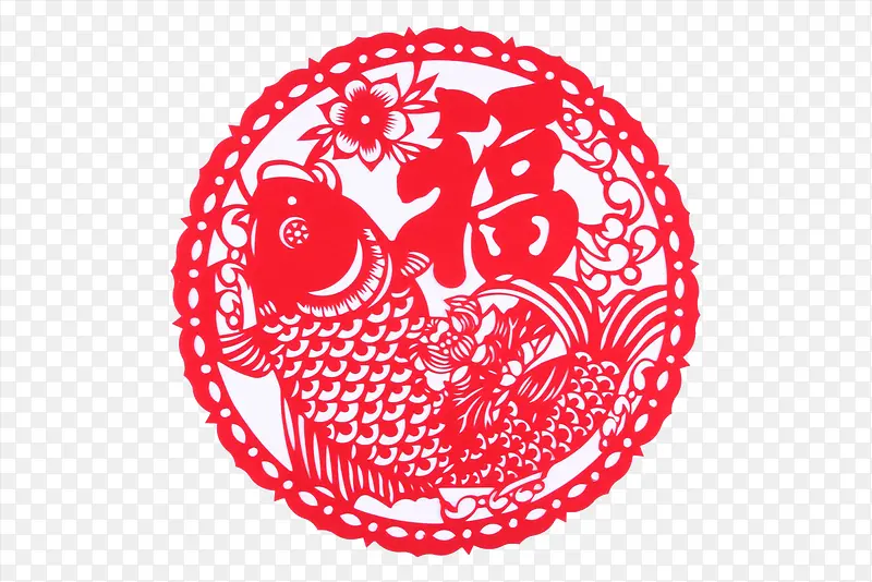 中国风红色鱼剪纸免抠图