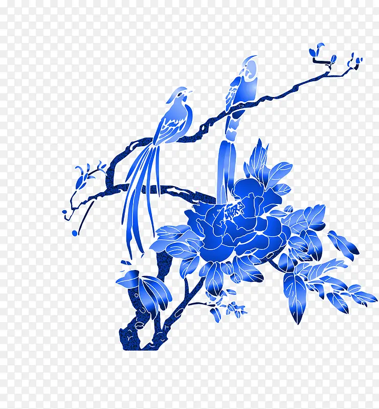 青花瓷色彩的牡丹和鸟